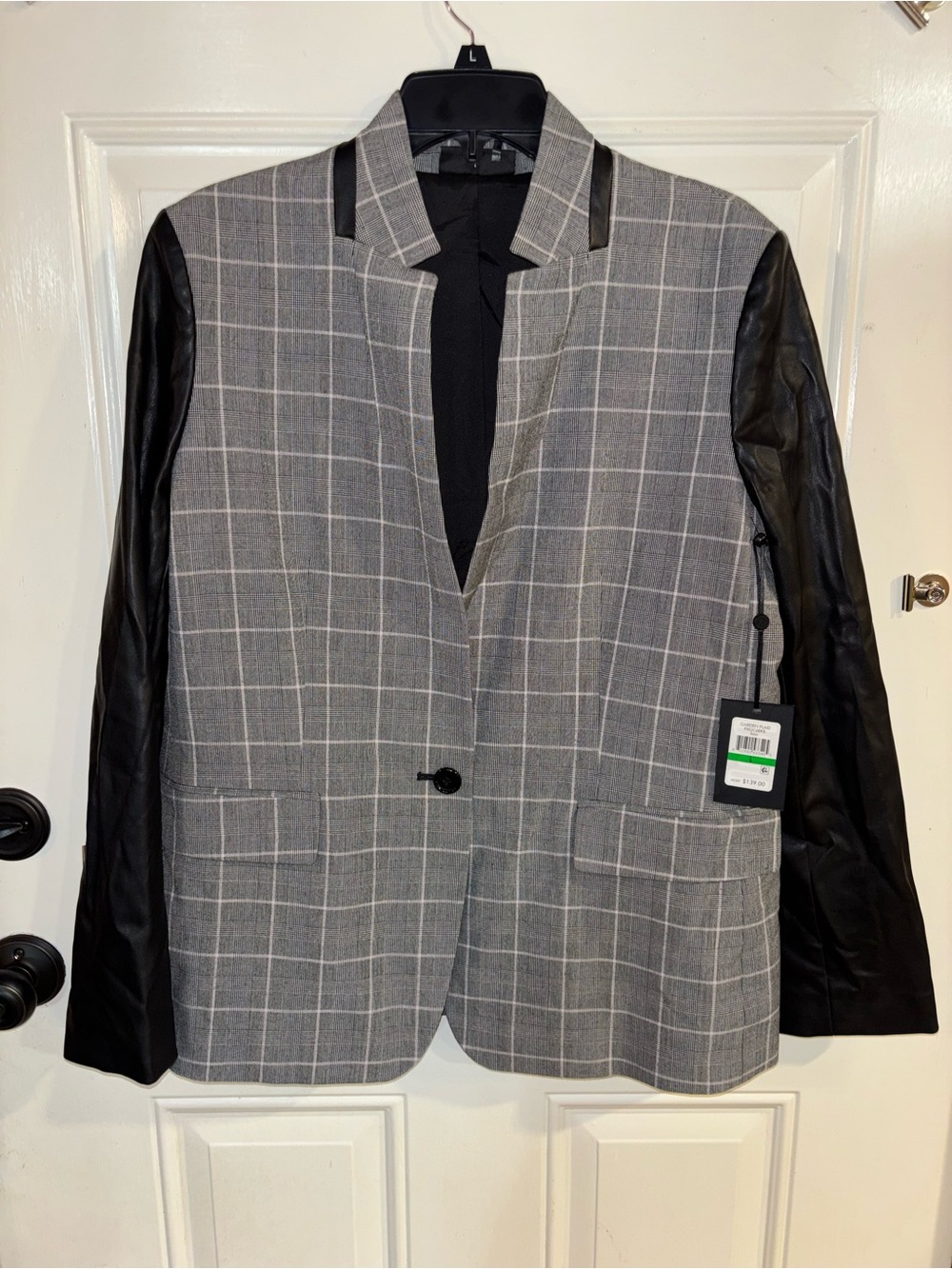 DKNY Gray Windowpane Blazer with Black Leather Sleeves